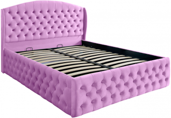 Pat dublu tapitat model Vancouver Deluxe 160/200 cm culoare lila cu somiera metalica rabatabila si spatiu de depozitare 