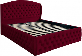 Pat dublu tapitat model Vancouver Deluxe 160/200 cm culoare visiniu cu somiera metalica rabatabila si spatiu de depozitare 