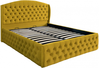 Pat dublu tapitat model Vancouver Deluxe 180/200 cm culoare galben mustar cu somiera metalica rabatabila si spatiu de depozitare 