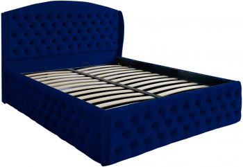 Pat dublu tapitat model Vancouver Deluxe 200/200 cm culoare bleumarin cu somiera metalica rabatabila si spatiu de depozitare 