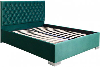 Pat dublu tapitat Texas cu picioare dimensiune 140/200 cm culoare verde cu somiera metalica fixa 