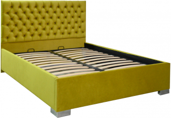 Pat dublu tapitat Texas cu picioare dimensiune 200/200 cm culoare galben mustar cu somiera metalica fixa 
