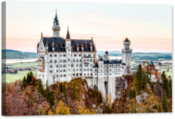 Tablou canvas luminescent luminos in intuneric GlowforHome Dualv-View rama lemn fosforescent Castelul Neuschwanstein 60 cm x 40 cm 