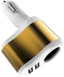 Adaptor auto auriu cu 2 porturi USB si priza auto duala 