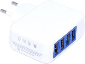 Adaptor de priza cu 4 porturi USB alimentare intre 100-240V disponibil in culoarea alb-albastru 