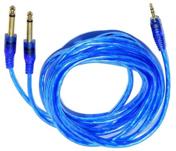 Cablu auxiliar audio cu mufe Jack 3.5 tata la 2 x Jack 6.3mm tata albastru lungime 5m 