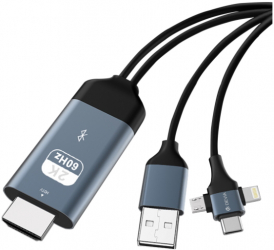 Cablu video polivalent 3 in 1 HDMI la USB-C Micro USB si Lightning 2 metri Negru Albastru 