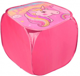 Cutie textila pentru depozitarea jucariilor copiilor cu capac cu imprimeu unicorn dimensiune 45 x 45 x 45 cm in culori multiple 