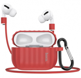 Husa premium din silicon rosu cu suport snur si carabina de siguranta pentru AirPods PR 