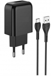 Pachet incarcator retea si cablu USB la USB-C cu suport Fast charge 2.1A culoare neagra 
