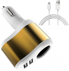 Set incarcator auto dual cu 2 porturi USB priza auto aurie + cablu de date/incarcare Type-C BBL026 alb 