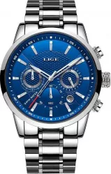 Ceas barbati Lige Analog Quartz Cronometru Cronograf Indici luminosi Otel inoxidabil Casual Business Calendar Argintiu Albastru 
