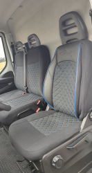 Set huse scaune auto compatibile Iveco Daily 2015- 2+1 piele ecologica cu textil negru cusatura albastra 