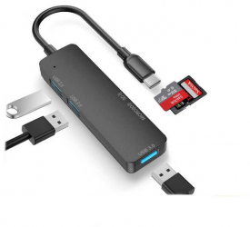 Hub USB Nelbo 5 in 1 USB Type C la 3 x USB 3.0 plus card reader microSD SD led negru de calitate superioara pentru macbook/iphone