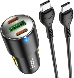 Incarcator Auto USB-A 2xType-C QC3.0 PD45W 5A + Cablu Type-C 1m - Hoco NZ6 - Negru 