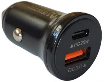 Incarcator auto cu doua porturi x1 USB 3.0 si un port tip C PD de 20W Rotund Negru 