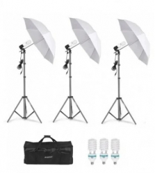 Kit de 3 umbrele albe 3 trepiezi reglabili 200 cm 3 becuri 150W geanta de transport inclusa 