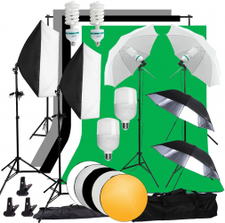Kit foto studio 2 lumini softbox 4 umbrele suport fundal 2x3 m 6x bec 4 x panze fundal reflector 5in1 + geanta 