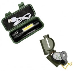 Pachet promo Mini lanterna led cu 3 trepte iluminare si usb cutie negru Busola militara verde 