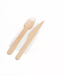 Set 100 Tacamuri Bis Lemn - Furculita Cutit + Servetel ambalate individual 