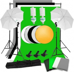 Kit studio foto 2 umbrele suport fundal 2x3 m 4 panze fundal becuri 135W reflector 5in1 + geanta transport
