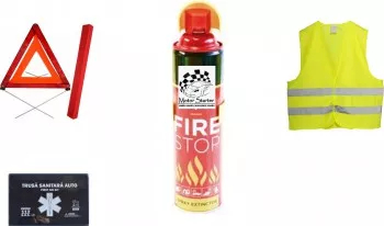 Kit siguranta auto 2025 - Trusa prim ajutor Triunghi Stingator Vesta reflectorizanta 