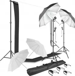Kit complet foto studio lumini 4 umbrele trepiezi 200 cm suport fundal 2x3m 2 panze fundal alb negru 2x bec 135W 