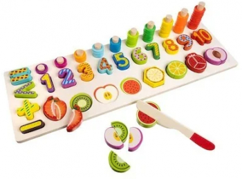 Joc educativ sortator din lemn cu numere si fructe de taiat magnetice pentru copii Multicolore 