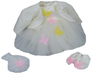 Set 4 piese rochie bolero botosei si bentita pentru fete Mini Junior 230-62C Crem 