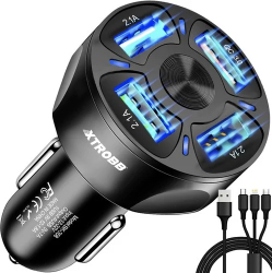Incarcator auto cu 3 porturi USB 2.1A 1 port USB 3.0 QC cablu incarcare cu 3 capete Usb tip C micro usb lightning negru 