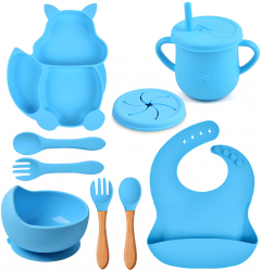 Set hranire pentru sugari ZEQAS varsta 6 luni+ 9 piese din silicon de calitate alimentara termorezistent model veverita albastru 