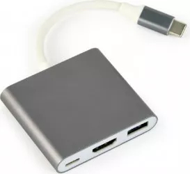 Adaptor 3 in 1 Cablexpert A-CM-HDMIF-02-SG-DC USB 3.1 tip C tata la port HDMI mama USB 3.0 mama si port USB tip C PD 2.0