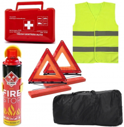Pachet Auto Complet Omologat RAR Siguranta Rutiera - Stingator tip Spray Trusa Medicala 2x Triunghiuri Reflectorizante Vesta si Geanta