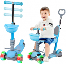Trotineta Pentru Copii MANINI 5 in 1 Cu 3 Roti Luminoase Ghidon Reglabil Pe Inaltime Scaun Detasabil Culoare Albastru 