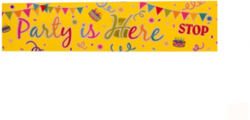 Banner festiv PARTY IS HERE pentru perete marimi 270 x 19 cm cu nuante de auriu si multicolor 