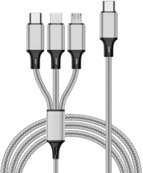 Cablu de date si incarcare USB 3 in 1 Micro usb Type C si Lightning pentru iPhone Lungime 115 cm Argintiu 