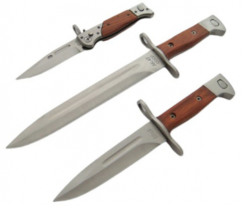 Set 3 cutite de vanatoare IdeallStore® Ak Attack otel inoxidabil maro teaca inclusa 