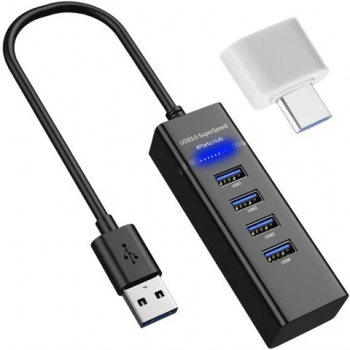 Hub USB 4 porturi USB 3.0 High Speed 5Gbps Universal Negru Iluminare albastra 