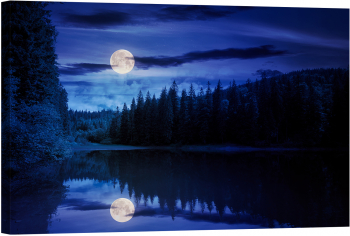 Tablou canvas luminescent luminos in intuneric GlowforHome Dualv-View rama lemn fosforescent Lac si luna plina 120 cm x 80 cm 