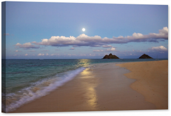 Tablou canvas luminescent luminos in intuneric GlowforHome Dualv-View rama lemn fosforescent Luna plina si plaja Lanikai 90 cm x 60 c 
