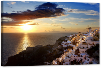 Tablou canvas luminescent luminos in intuneric GlowforHome Dualv-View rama lemn fosforescent Oia Santorini 90 cm x 60 cm 