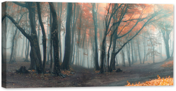 Tablou canvas luminescent luminos in intuneric GlowforHome Dualv-View rama lemn fosforescent Padurea de toamna in ceata 120 cm x 60 c 