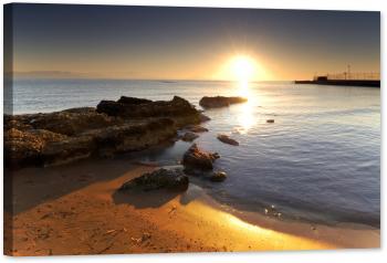 Tablou canvas luminescent luminos in intuneric GlowforHome Dualv-View rama lemn fosforescent Rasarit mediteranean 90 cm x 60 cm 