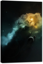 Tablou canvas luminescent luminos in intuneric GlowforHome Dualv-View rama lemn fosforescent Nebuloasa a spatiului profund cu planeta 