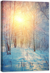 Tablou canvas luminescent luminos in intuneric GlowforHome Dualv-View rama lemn fosforescent Rasarit in padure de mesteacan iarna 90 