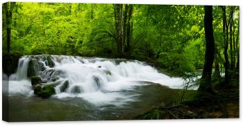 Tablou canvas luminescent luminos in intuneric GlowforHome Dualv-View rama lemn fosforescent Cascada pe rau vara in padure 120 cm x 6 