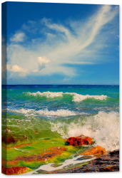 Tablou canvas luminescent luminos in intuneric GlowforHome Dualv-View rama lemn fosforescent Culori de vara pe tarmul apei mare ocean 