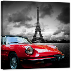 Tablou luminos in intuneric GlowforHome Franta si masina rosie retro Turnul Eiffel alb-negru 80 cm x 80 cm 
