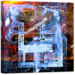 Tablou luminos in intuneric GlowforHome Imagine pictura Colaj abstract cu patrate de foc si gheata pe fundal negru 80 cm x 80 cm 
