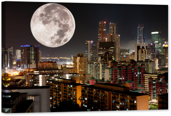 Tablou luminos in intuneric GlowforHome Luna plina deasupra orasului noaptea 90 cm x 60 cm 